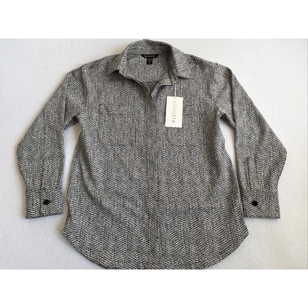 Athleta Womens Shirt XS Black White Braiden Button Up Shacket Textured Tomboy